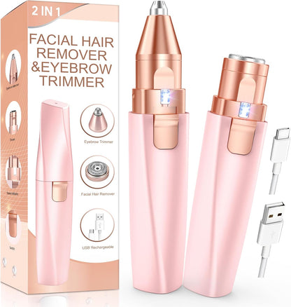 Eyebrow Trimmer Facial Hair Removal for Women: 2 in 1 Rechargeable Facial Hair Remover & Eyebrow Razor, Electric Painless Face Shaver for Women with LED Light for Eye Brow, Lips & Face